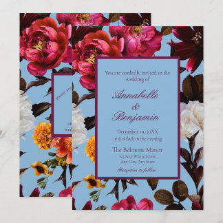 Dusty Blue och Burgundy Blommig Bröllops QR-kod Inbjudningar