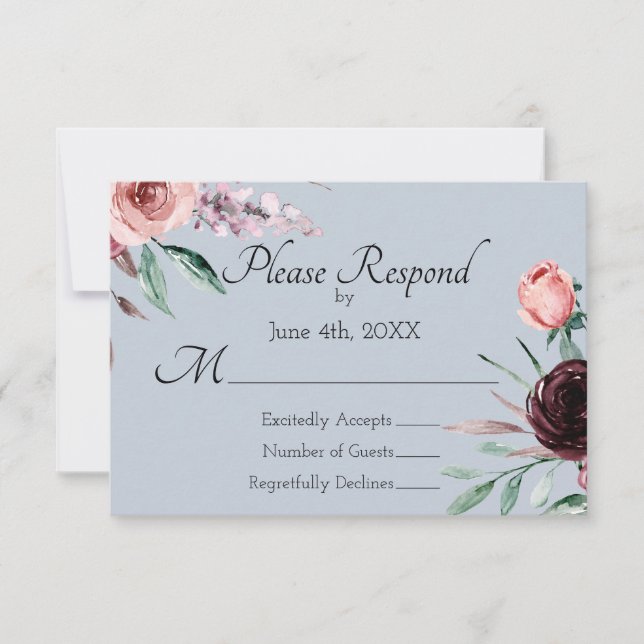 Dusty Blue och Burgundy Blommig Bröllops-RSVP OSA Kort (Framsida)