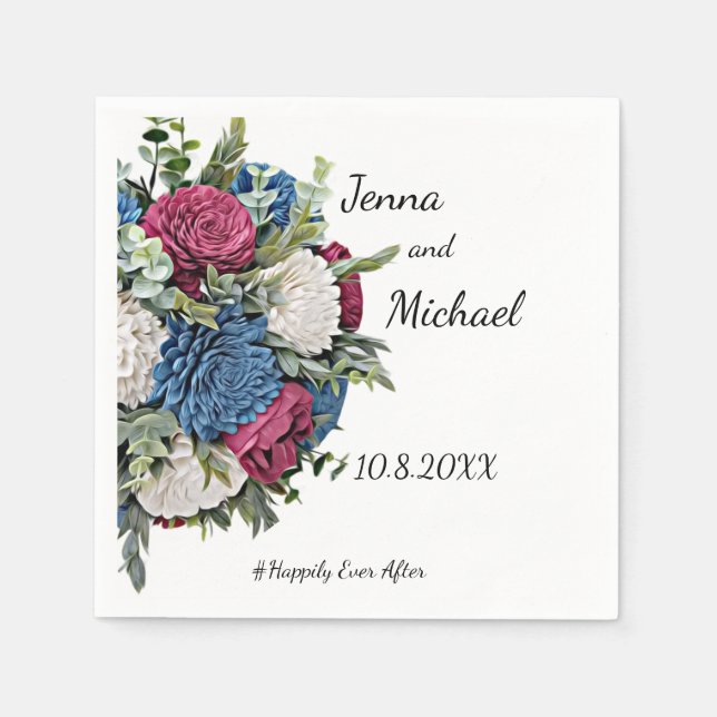 Dusty Blue och Burgundy Blommigt Napkin Pappersservett (Framsidan)