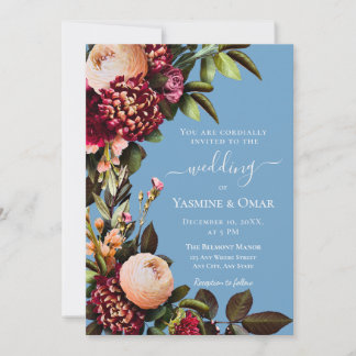 Dusty Blue och Burgundy Blommor med QR-kod Inbjudningar