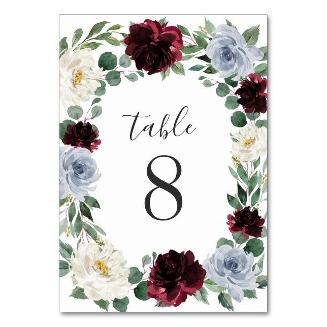 Dusty Blue och Burgundy Cranberry Fall Wedding Bordsnummer (Framsidan)