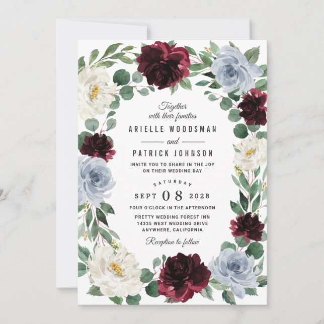 Dusty Blue och Burgundy Cranberry Fall Wedding Inbjudningar (Framsida)