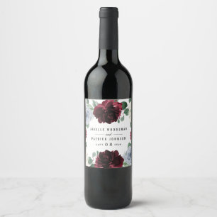Dusty Blue och Burgundy Cranberry Fall Wedding Vinflaska Etikett