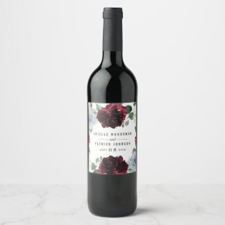 Dusty Blue och Burgundy Cranberry Fall Wedding Vinflaska Etikett
