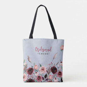 Dusty Blue och Burgundy Flowers Bridesmaid Tygkasse