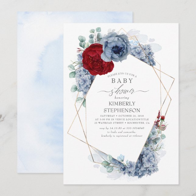 Dusty Blue och Burgundy Red Blommigt Baby Shower Inbjudningar (Fram/baksida)