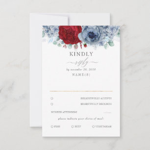 Dusty Blue och Burgundy Red Blommigt Bröllop OSA Kort