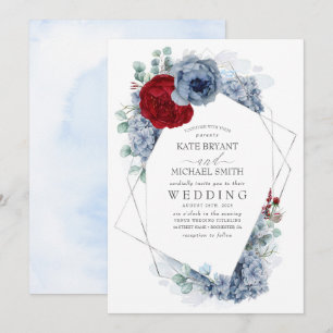 Dusty Blue och Burgundy Red Blommigt Elegant bröll Inbjudningar