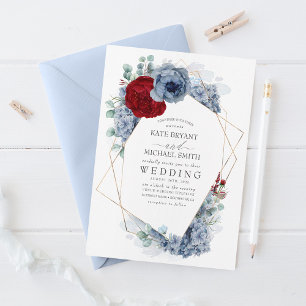 Dusty Blue och Burgundy Red Blommigt Elegant bröll Inbjudningar
