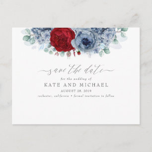 Dusty Blue och Burgundy Red Blommigt Spara datum Vykort