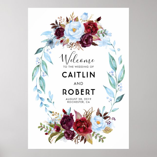 Dusty Blue och Burgundy Red Flowers Poster (Framsidan)