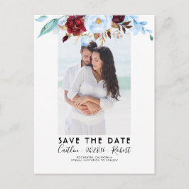 Dusty Blue och Burgundy Red Photo Save Date Meddelande Vykort