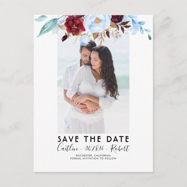 Dusty Blue och Burgundy Red Photo Save Date Meddelande Vykort (Framsida)