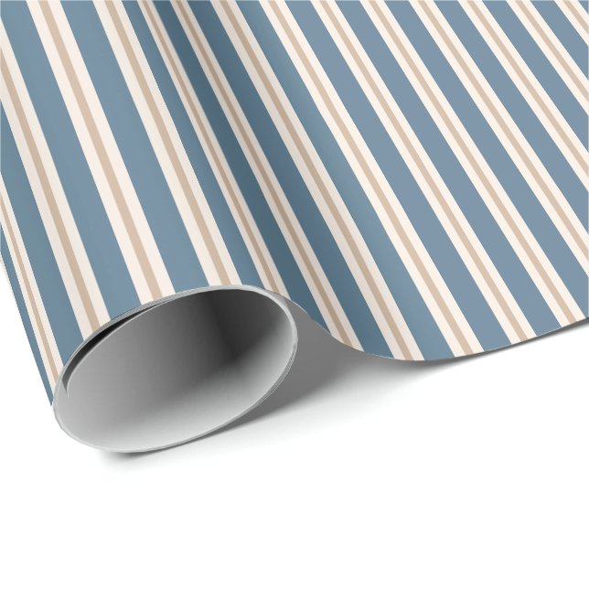 Dusty Blue och Cream Ticking-randigt mönster Presentpapper (Rullad Hörn)