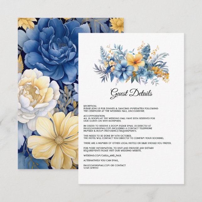 Dusty Blue och Guld Blommig Bröllopsgäst Informati Tilläggskort (Fram/baksida)
