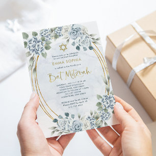 Dusty Blue och Guld Blommigt Bat mitzvah elegant Inbjudningar