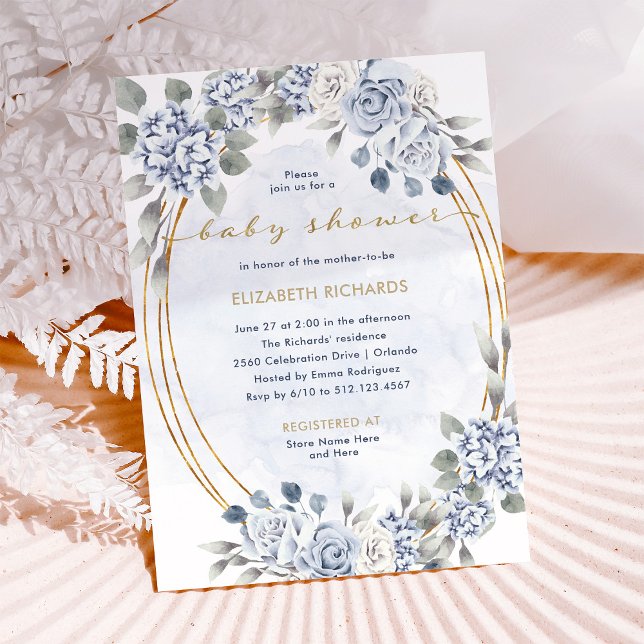 Dusty Blue och Guld Blommigt | Elegant Baby Shower Inbjudningar (Skapare uppladdad)