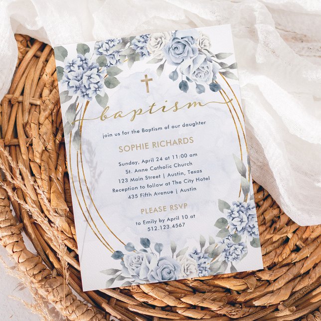 Dusty Blue och Guld Blommigt | Elegant Baptism Inbjudningar (Skapare uppladdad)