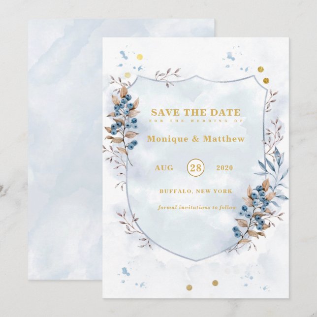 Dusty Blue och Guld Blueberry Save Date Cards Inbjudningar (Fram/baksida)
