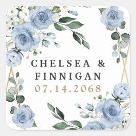 Dusty Blue och Guld Elegant Blommigt Rustic Bröllo Fyrkantigt Klistermärke
