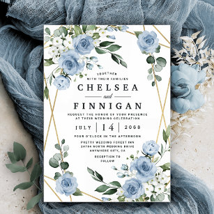 Dusty Blue och Guld Elegant Blommigt Rustic Bröllo Inbjudningar