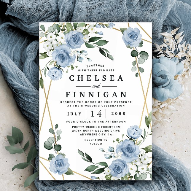 Dusty Blue och Guld Elegant Blommigt Rustic Bröllo Inbjudningar (Skapare uppladdad)