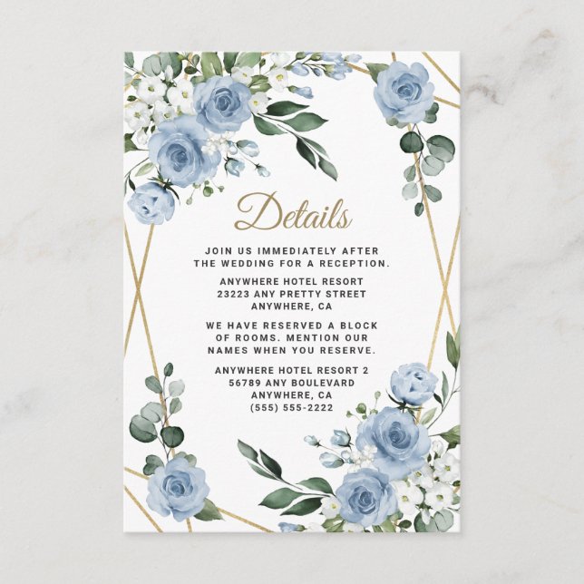 Dusty Blue och Guld Elegant Blommigt Rustic Bröllo Tilläggskort (Framsida)