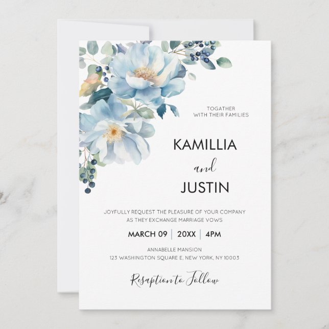 Dusty Blue och guld elegant blomster rustic bröllo Inbjudningar (Framsida)