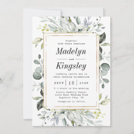 Dusty Blue och Guld Elegant Rustic Blommigt Bröllo Inbjudningar