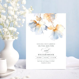 Dusty Blue och Guld Flowers Minimalist Bröllop Inbjudningar