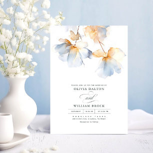 Dusty Blue och Guld Flowers Minimalist Bröllop Inbjudningar
