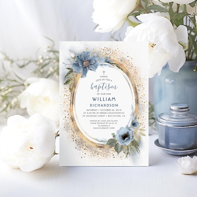 Dusty Blue och Guld Glitter Baptism Inbjudningar (Dusty Blue Baptism Invitations for Boy)