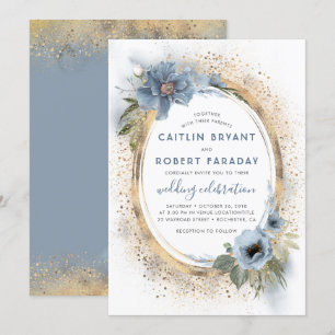 Dusty Blue och Guld Glitter Blommigt Modern Bröllo Inbjudningar