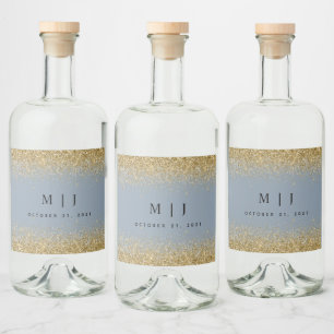 Dusty Blue och Guld Glitter Bröllop Spritflaskor Etikett
