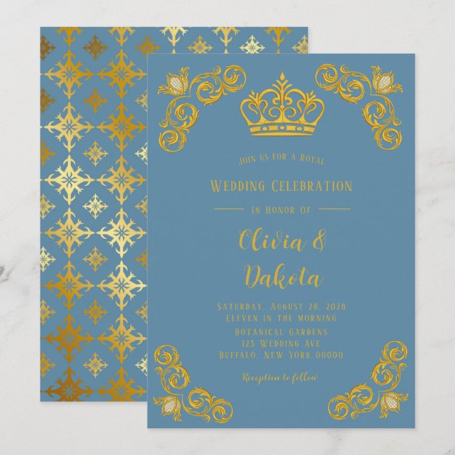 Dusty blue och Guld Krona Damask Royal Bröllop Inbjudningar (Fram/baksida)