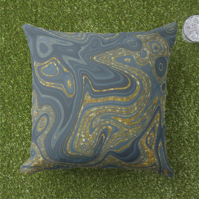Dusty Blue och Guld Marble Mönster Kudde (Gräs)
