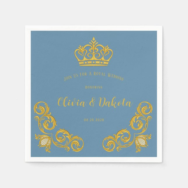 Dusty Blue och Guld Royal Krona Bröllop Napkins Pappersservett (Framsidan)
