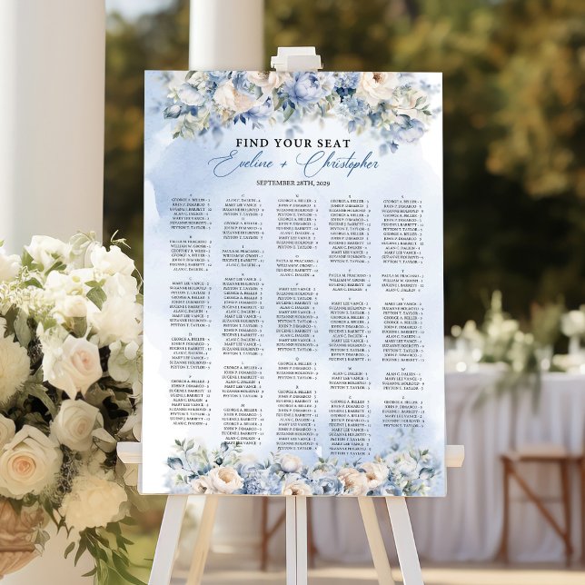 Dusty Blue och Ivory Flowers Alfabetisk sittning Poster ( Boho Elegant Dusty Blue and Ivory Flowers Alphabetical seating chart )