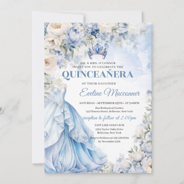 Dusty Blue och Ivory Flowers Blue Princess Dress Inbjudningar (Framsida)