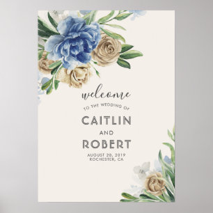 Dusty Blue och Ivory Flowers Poster
