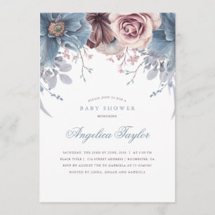 Dusty Blue och Mauve Blommigt Baby Shower Inbjudningar