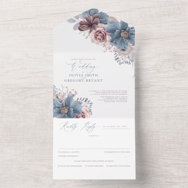 Dusty Blue och Mauve Blommigt Elegant bröllop (Insida)