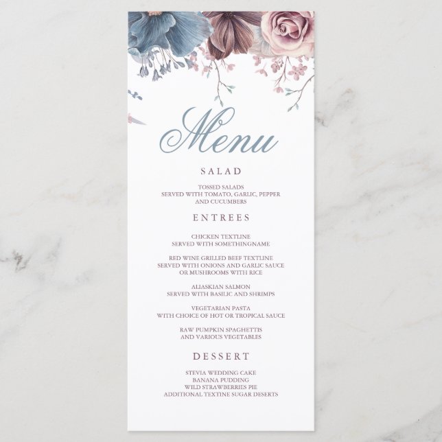 Dusty Blue och Mauve Blommigt Modern Bröllop Menus Program (Framsida)