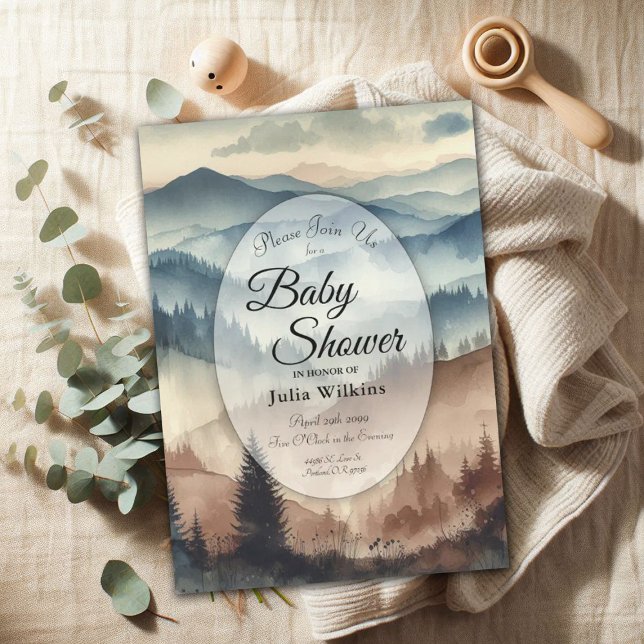 Dusty Blue och Mocha Brown Mountain Baby Shower Inbjudningar (Skapare uppladdad)