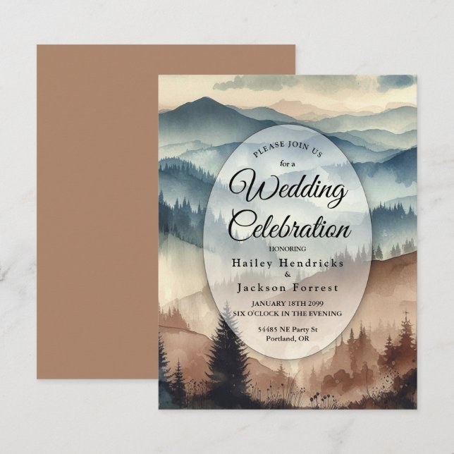 Dusty Blue och Mocha Brown Mountains Bröllop Inbjudningar (Fram/baksida)