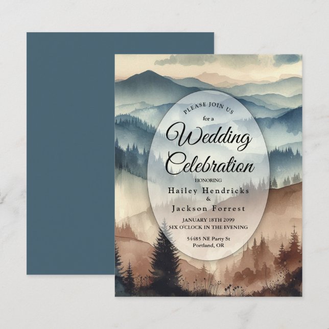 Dusty Blue och Mocha Brown Mountains Bröllop Inbjudningar (Fram/baksida)