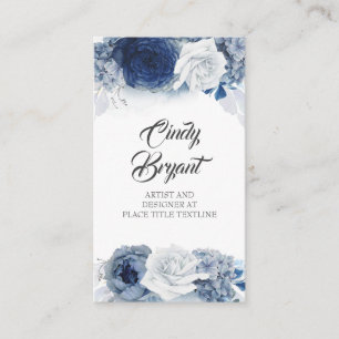 Dusty Blue och Navy Blåa blommor Elegant Snyggt Visitkort