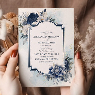 Dusty Blue och Navy Blommigt Elegant bröllop Inbjudningar