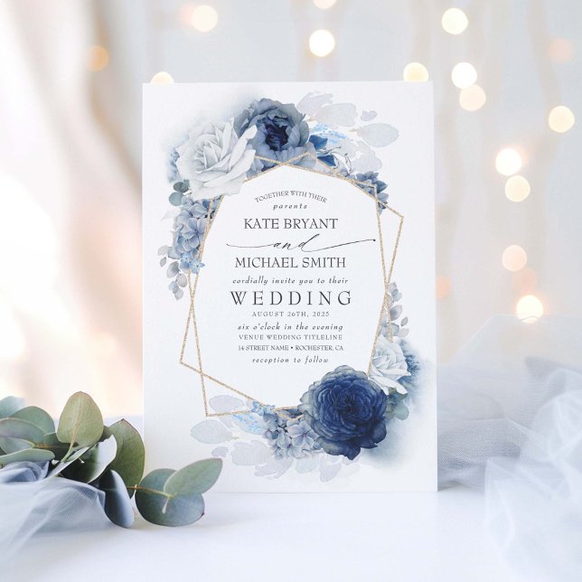 Dusty Blue och Navy Blommigt Elegant bröllop Inbjudningar (Elegant Floral Dusty Blue Wedding Invitation)