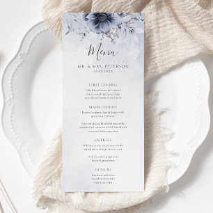 Dusty Blue och Navy Blommigt Elegant bröllop Meny
